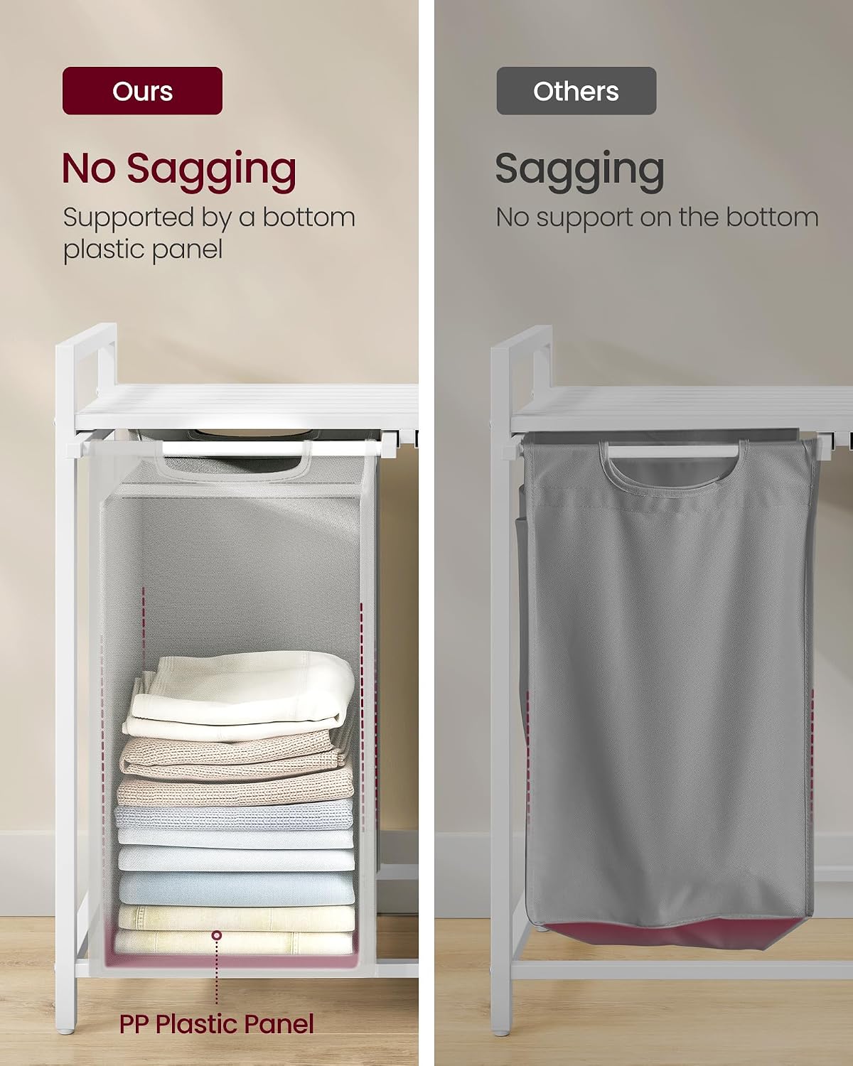 VASAGLE Laundry Hamper, Laundry Basket Sorter with 3 Pull-Out and Removable Bags, Shelf, Metal Frame, 3 x 10.6 Gallons (40 L), 36.4 x 13 x 28.4 Inches, Cappuccino Beige and Natural Beige UBLH301LH01