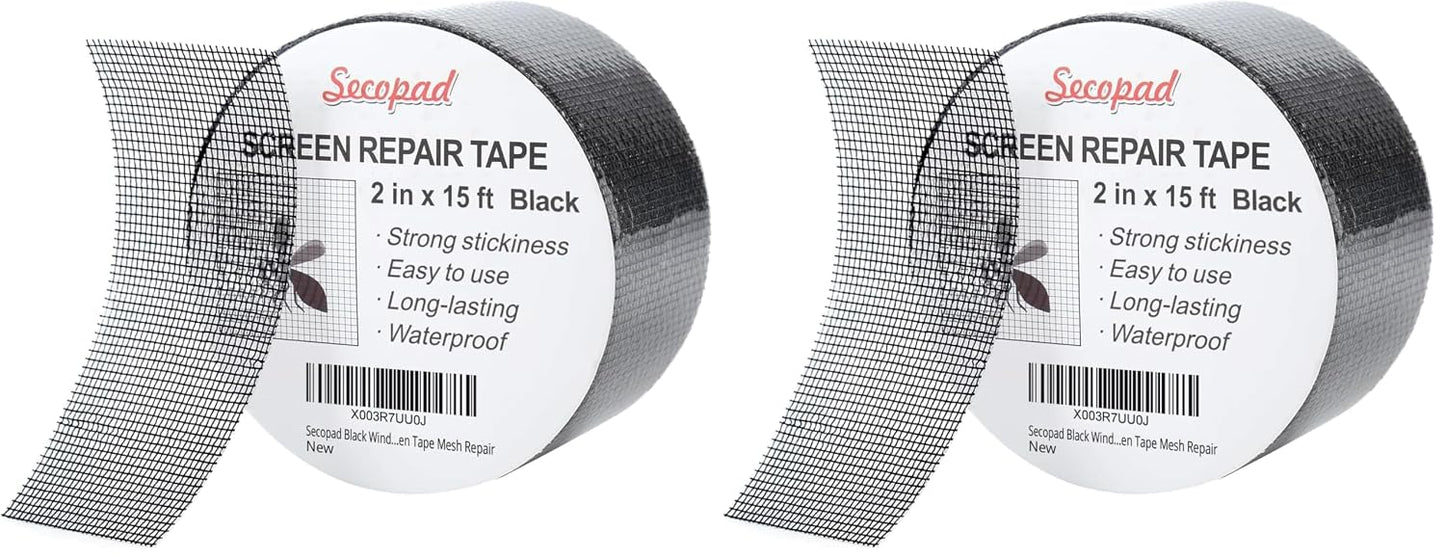 Secopad 2" x 180" (15FT) Screen Repair Tape, Screen Repair Kit, Black | Window Screen Patch, Quick Repair, Strong Adhesive, Easy to Use, For Mesh Window & Door, Cuttable Fiberglass, No Tools Needed
