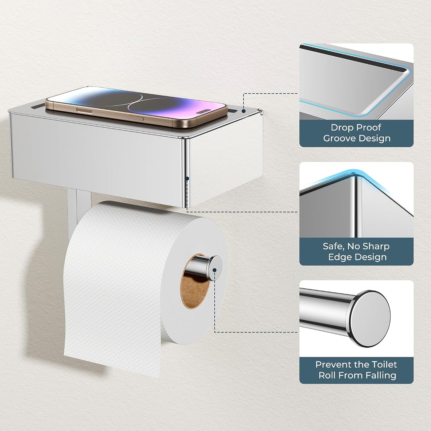 FORIOUS Toilet Paper Holder with Shelf, Wall-Mounted Modern Wipes Dispenser | Brushed Nickel | Toilet Paper Holder with Storage for Bathroom | Fits Wipes, Sanitary Napkin, Tampon | 8.0"x5.3" Large Shelf