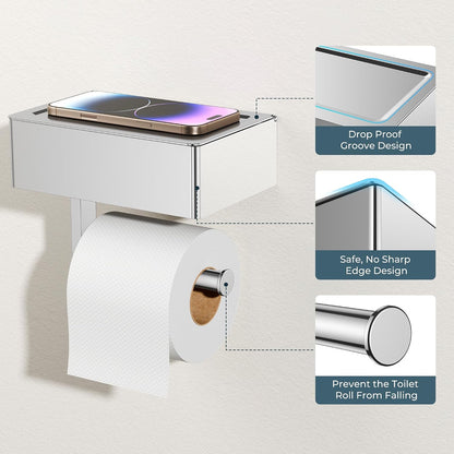 FORIOUS Toilet Paper Holder with Shelf, Wall-Mounted Modern Wipes Dispenser | Brushed Nickel | Toilet Paper Holder with Storage for Bathroom | Fits Wipes, Sanitary Napkin, Tampon | 8.0"x5.3" Large Shelf
