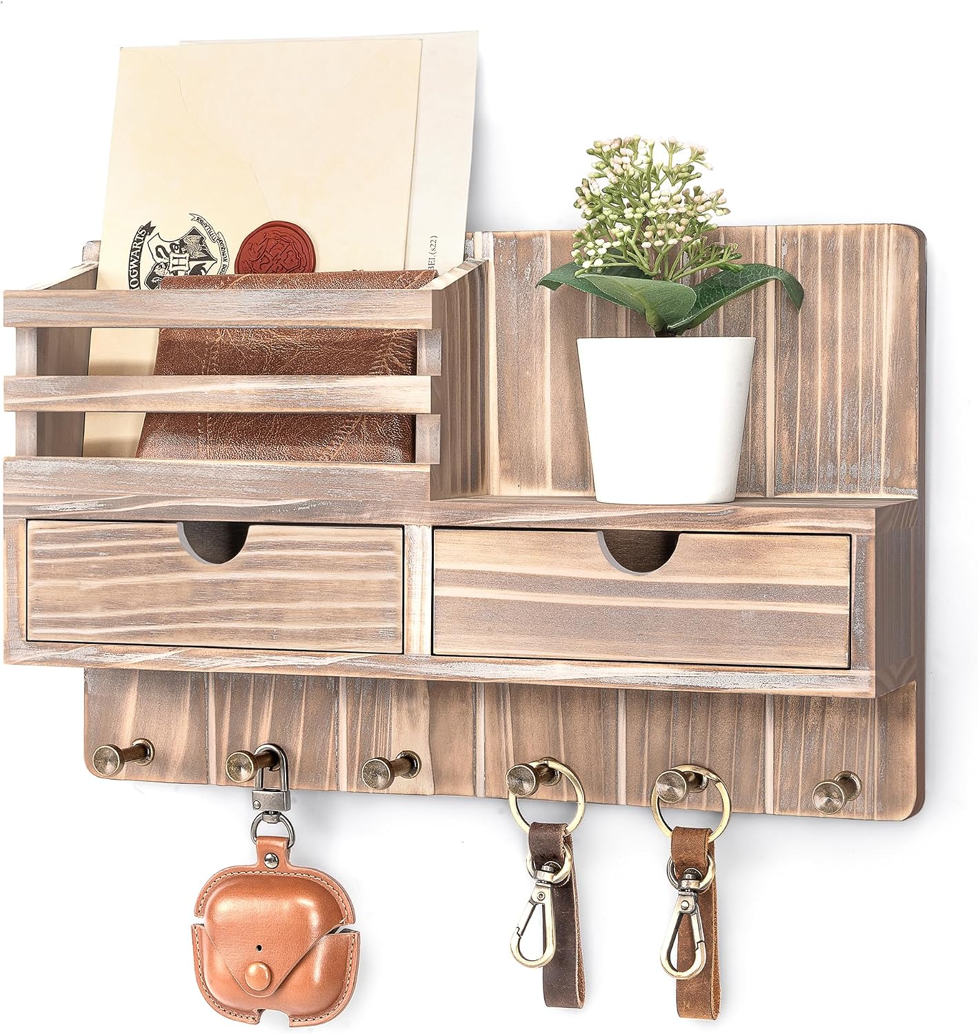 Rebee Vision Key Holder Wall Mount with Shelf for Entryway, Distressed Blue | Modern Mail Organizer, 6 Key Hooks, 2 Drawer Organizer, Key Hanger Home Decor Aesthetic, Apartment Storage Essentials