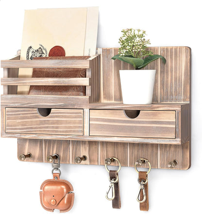 Rebee Vision Key Holder Wall Mount with Shelf for Entryway, Distressed Blue | Modern Mail Organizer, 6 Key Hooks, 2 Drawer Organizer, Key Hanger Home Decor Aesthetic, Apartment Storage Essentials