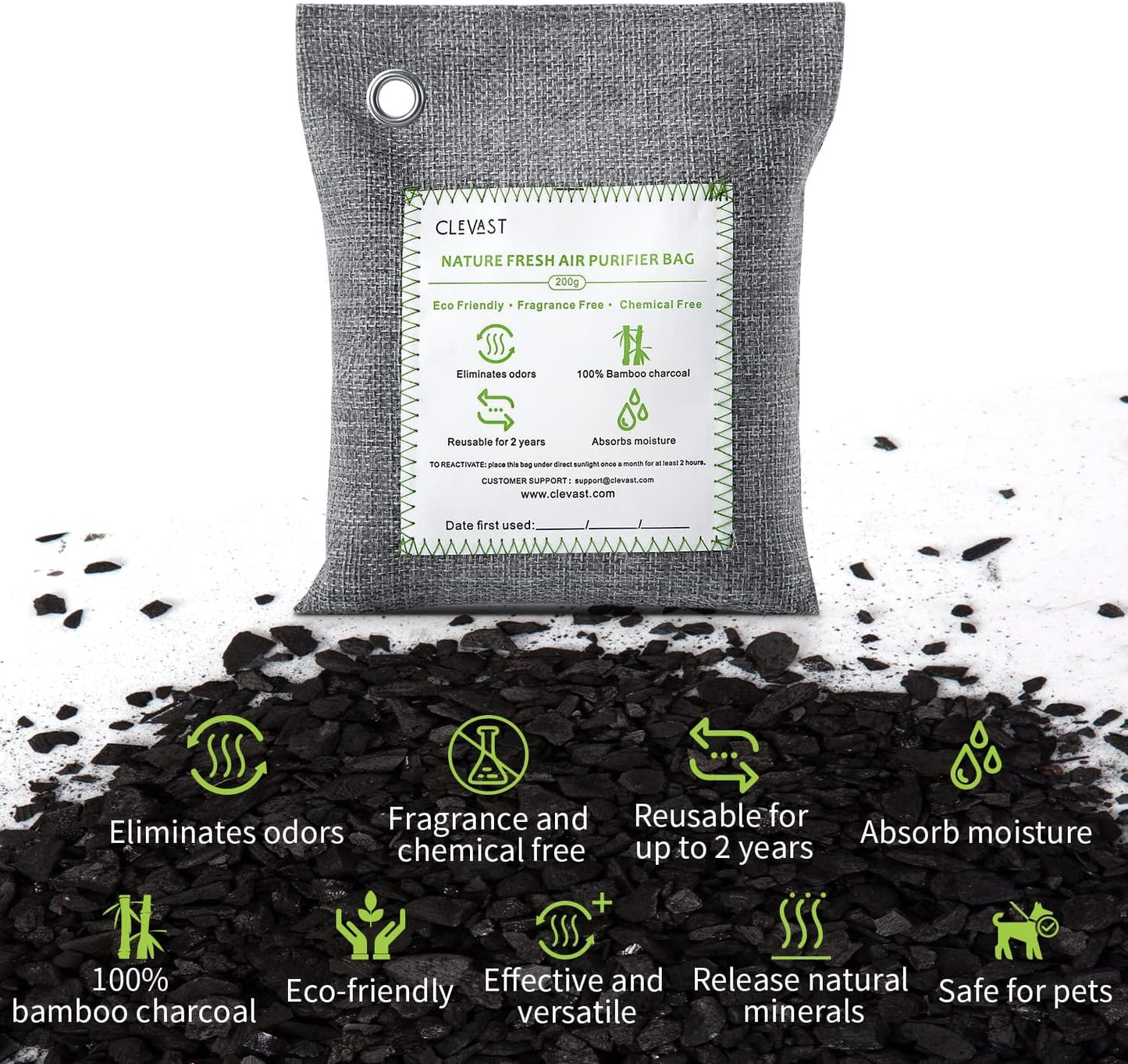 CLEVAST Bamboo Charcoal Air Purifying Bags - (Large, 4×200g), Removes Odors and Moisture, Nature Fresh Air Purifier Bags, Odor Eliminator for Home, Car, Pets, Bathroom, Basement