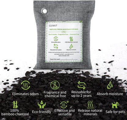 CLEVAST Bamboo Charcoal Air Purifying Bags - (Large, 4×200g), Removes Odors and Moisture, Nature Fresh Air Purifier Bags, Odor Eliminator for Home, Car, Pets, Bathroom, Basement