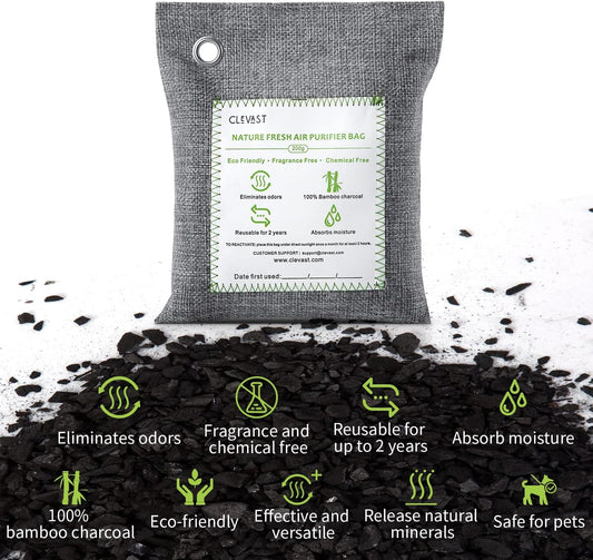 CLEVAST Bamboo Charcoal Air Purifying Bags - (Large, 4×200g), Removes Odors and Moisture, Nature Fresh Air Purifier Bags, Odor Eliminator for Home, Car, Pets, Bathroom, Basement