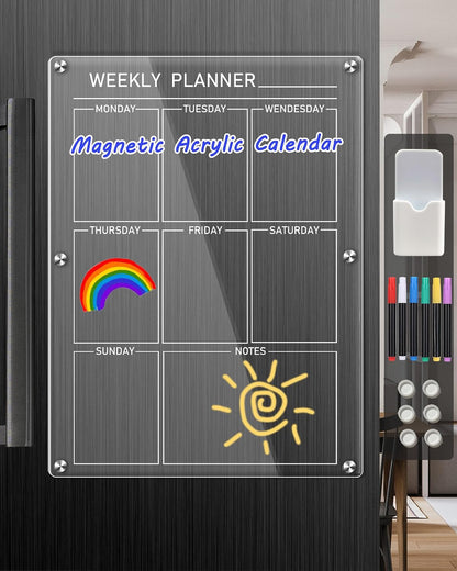 Weekly Acrylic Magnetic Calendar Dry Erase Board for Fridge, 12x16 in | Clear Weekly Planner Whiteboard for Refrigerator, Durable Material, Powerful Magnets, Smooth Writing and Easy Cleaning