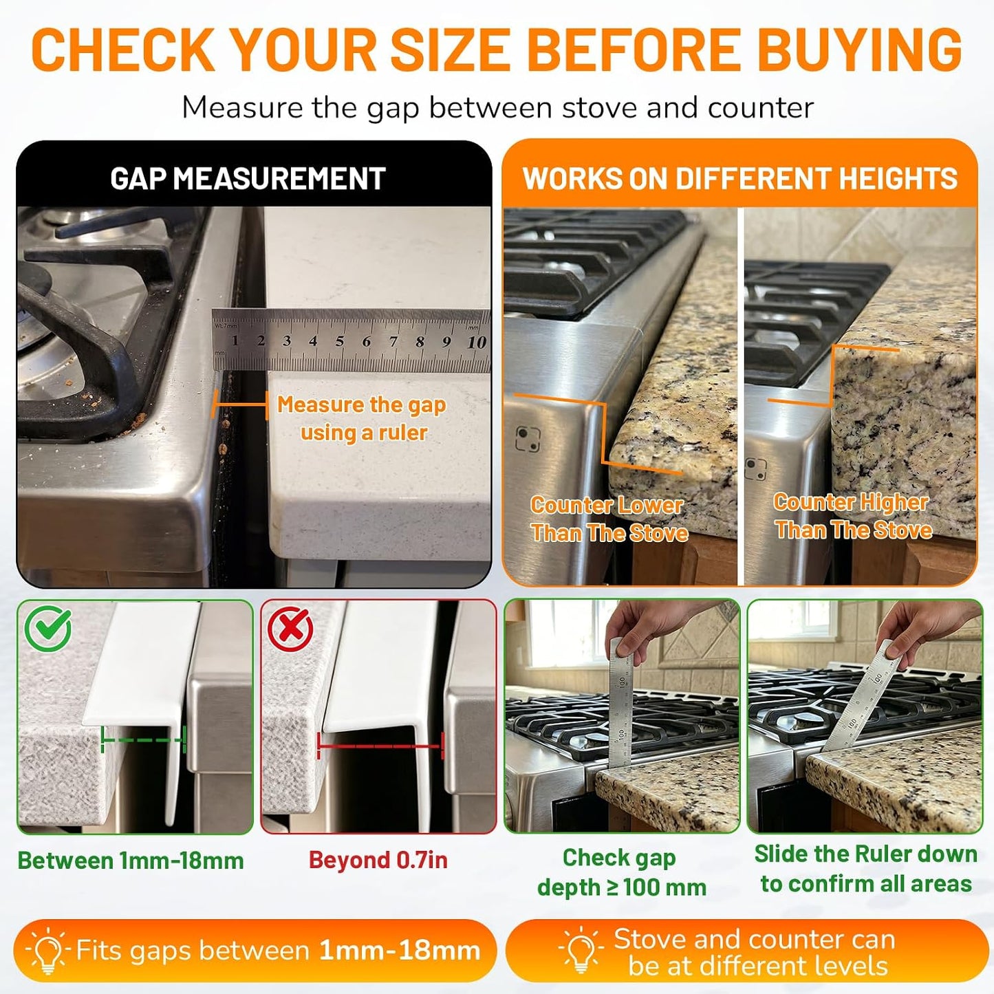 Stainless Steel Stove Gap Covers,Stove Gap Filler, Range Trim Kit, Stove Gap Guards, Heat Resistant and Easy to Clean, Easy retractable Length 13.8" to 27.5", Width 0.79",Black(2PCS)