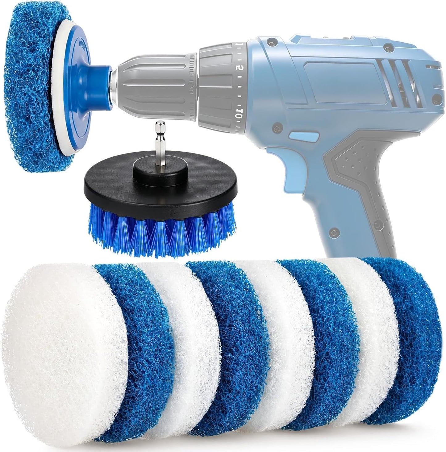 10 Pack 4 in Drill Powered Scrubber Pads Cleaning Kit | Drill Brush Attachment with Drill Brush, for Cleaning Bathrooms Showers, Tubs, Tile, Floors, Sinks, Toilets, Grime Removal