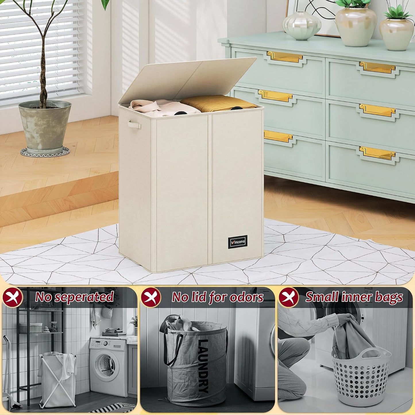 195L Laundry Hamper 3 Section,Large Laundry Hamper with Lid,Dirty Clothes Hamper with 3 Inner Bags,Collapsible Laundry Basket Organizer for Laundry Room,Bedroom,Laundry Sorter Hamper 3 Compartment