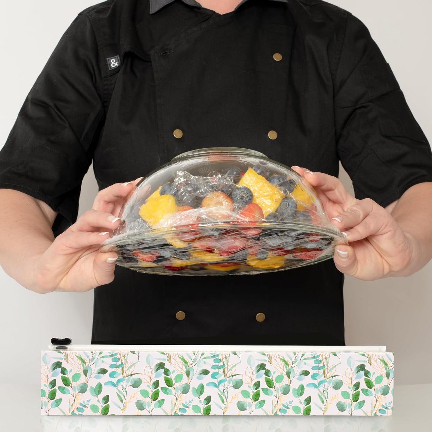 Chicwrap Veggies Refillable Plastic Wrap Dispenser - Includes One 12" x 250' Roll of Professional Grade Plastic Wrap - BPA Free and Kosher Certified - Reusable Dispenser w/Slide Cutter | Reusable Plastic Wrap Dispenser with Four Non-Slip Rubber Feet and