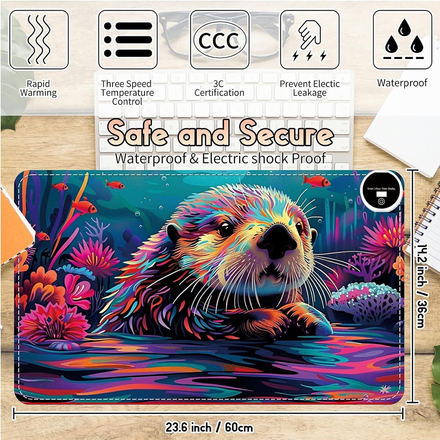 Heated Desk Pad Heated Large Mouse Pad, Electric Quickly Warm Desk Mat with 3 Levels Heating 3 Hours Auto Shut-Off, 31.5" x 13" Warm Gaming Mousepad Hand Foot Warmer, Baby Elephant