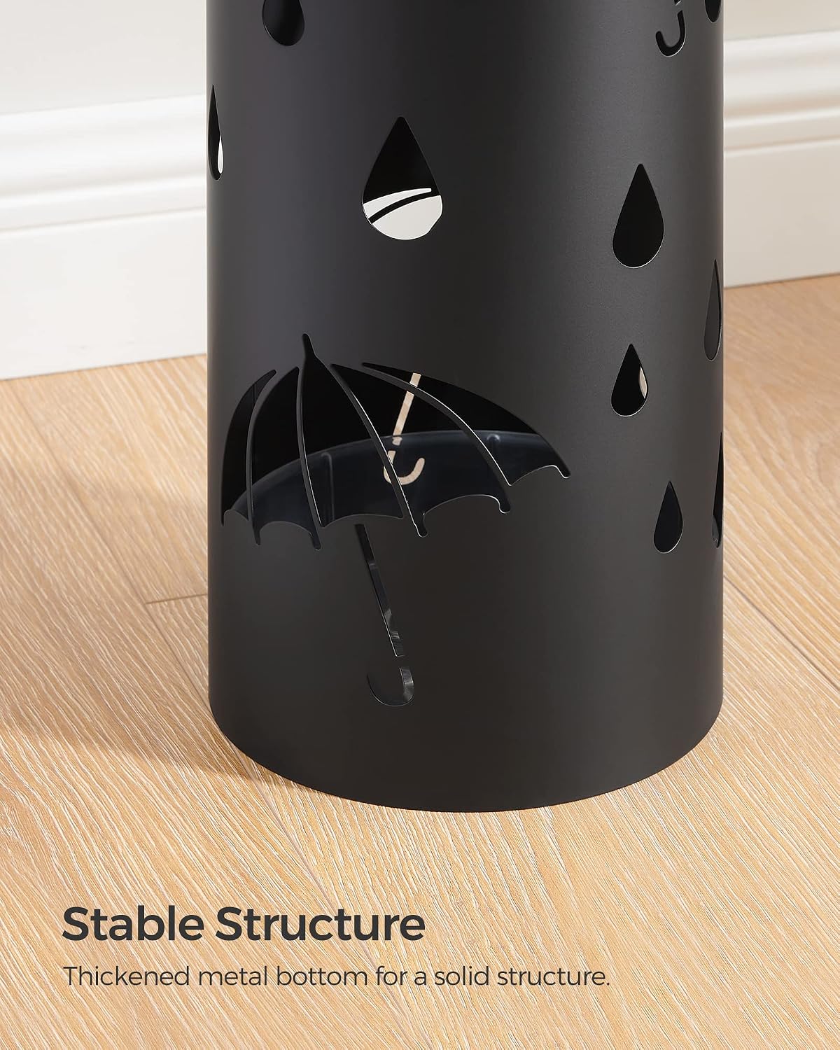 SONGMICS Umbrella Stand, Steel Round Holder Rack, 6.7 x 6.7 x 16.1 Inches | Umbrella Holder, with Detachable Drip Tray, Assembly Required, for Entryway, Office, Matte Black, PATSY Collection ULUC024B01