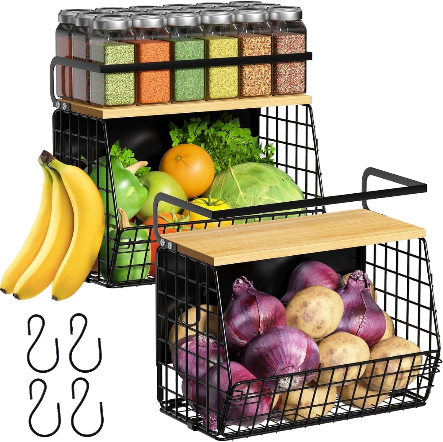 Magnetic Shelf for Fridge with Wood Lid, Fruit Potato and Onion Storage Bins, Pantry Organizers & Storage, Large Container Magnetic Spice Rack for Refrigerator, Kitchen Counter, Cabinet | Strong magnet holds 50lbs, ventilated bin for produce, versatile