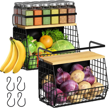 Magnetic Shelf for Fridge with Wood Lid, Fruit Potato and Onion Storage Bins, Pantry Organizers & Storage, Large Container Magnetic Spice Rack for Refrigerator, Kitchen Counter, Cabinet | Strong magnet holds 50lbs, ventilated bin for produce, versatile