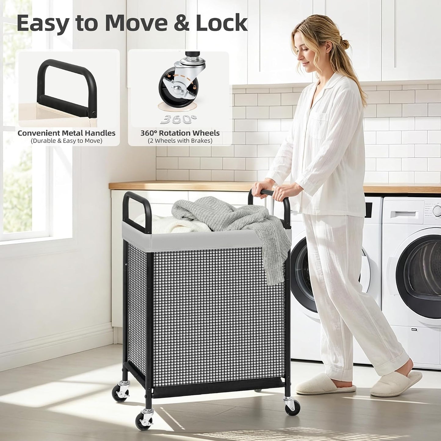 STORAGE MANIAC Rolling Laundry Hamper with Wheels 2-Section Laundry Sorter Rolling Laundrys Basket on Wheels with Removable Bag Clothes Hamper Laundrys Organizer Cart Bathroom Bedroom 100L Beige