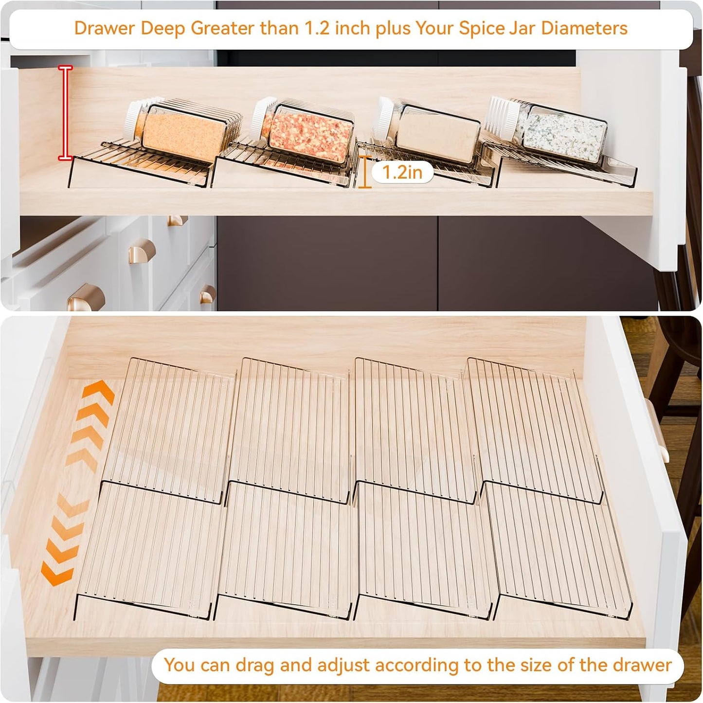 4 Pack Adjustable Narrow Spice Rack for Drawer - Expandable From 9" to 17.7" - Acrylic Drawer Seasoning Organizer,Tiered Clear Spice Tray for Spices,Condiment,Nail Polish and Jar Organization