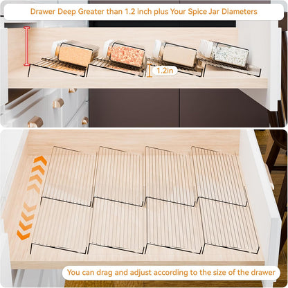 4 Pack Adjustable Narrow Spice Rack for Drawer - Expandable From 9" to 17.7" - Acrylic Drawer Seasoning Organizer,Tiered Clear Spice Tray for Spices,Condiment,Nail Polish and Jar Organization