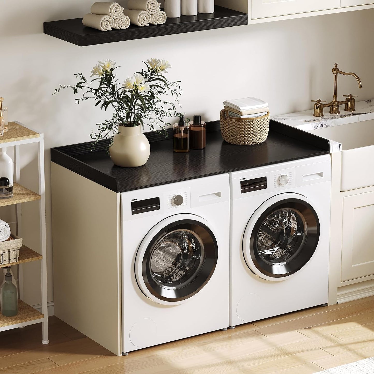 ChooChoo Washer Dryer Countertop, Adjustable Shelf, 2-Tier | Laundry Room Topper, Spacious Storage, For Folding Clothes & Efficient Organization, Walnut