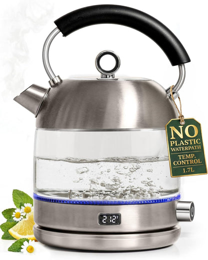 Styled Settings Stainless Steel Electric Kettle with Temperature Control | BPA and Plastic Free Electric Kettle with Keep Warm Function, Borosilicate Glass -1500W Hot Water Boiler with Digital Display