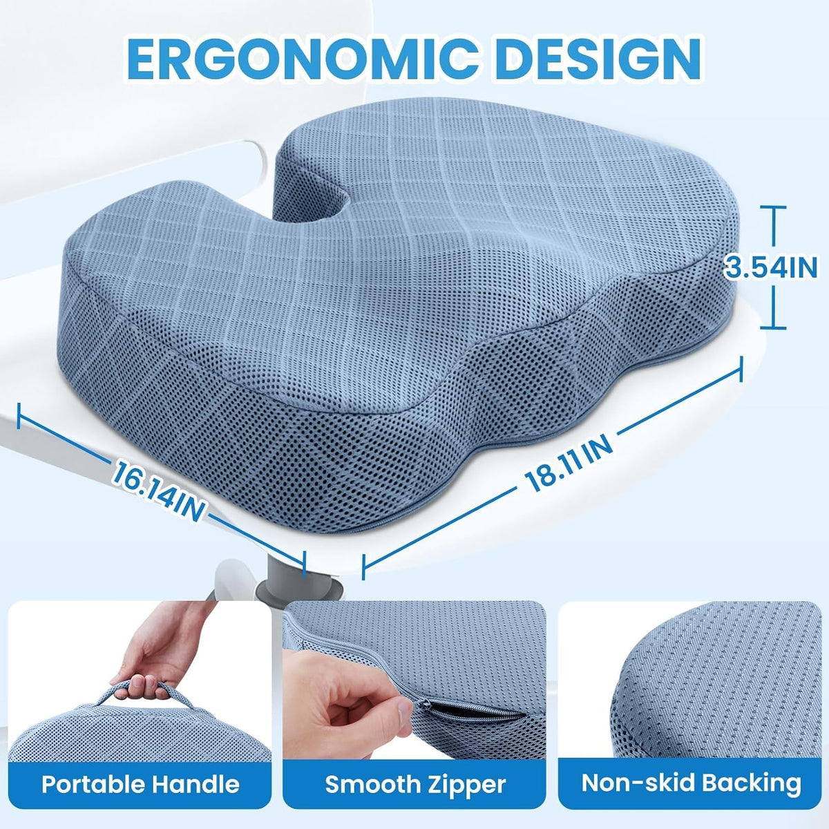 TushGuard Seat Cushion, Memory Foam Office Chair Cushion - Black, Large