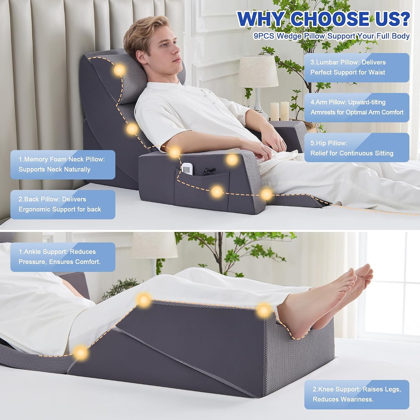 4PCS Bed Wedge Pillow Set for After Surgery, Orthopedic Wedge Pillows for Sleeping, Back, Neck and Leg Pain Relief, Adjustable Memory Foam Support Pillows for Acid Reflux, GERD & Snoring, Grey