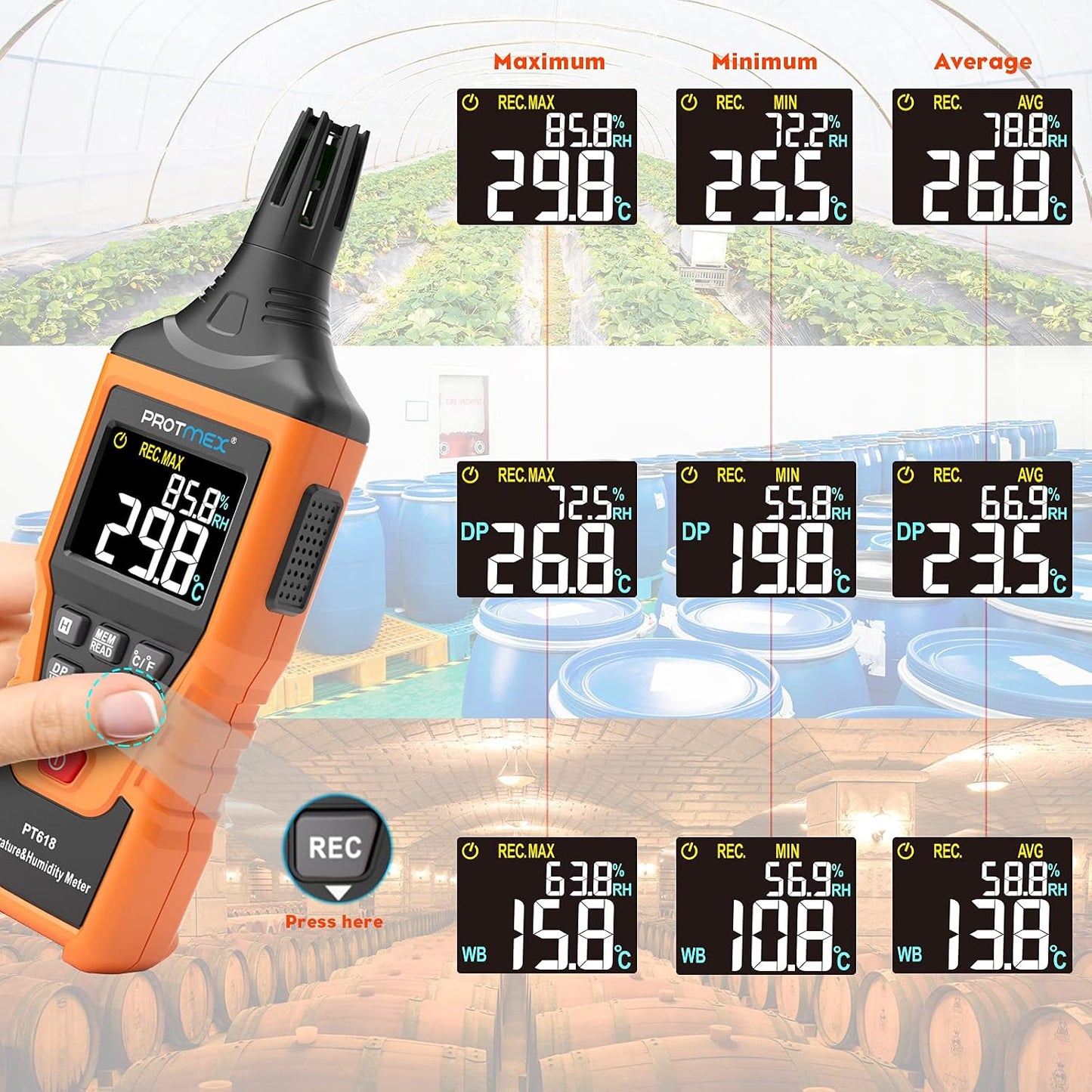 PT6508 Temperature Humidity Meter - Wet Bulb for Indoor/Outdoor | Digital Thermometer Hygrometer Monitor with Ambient, Dew Point, MIN, MAX, Data Hold, LCD Backlight