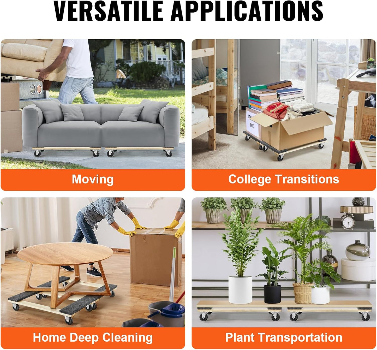 VEVOR Furniture Dolly, 4 Pack 6-Inch Steel Tri-Dolly with 360° PP Swivel Wheels and Non-Slip Cap, 3 Wheels Furniture Lift Mover Tool Set for Moving Heavy Furniture Refrigerator Sofa