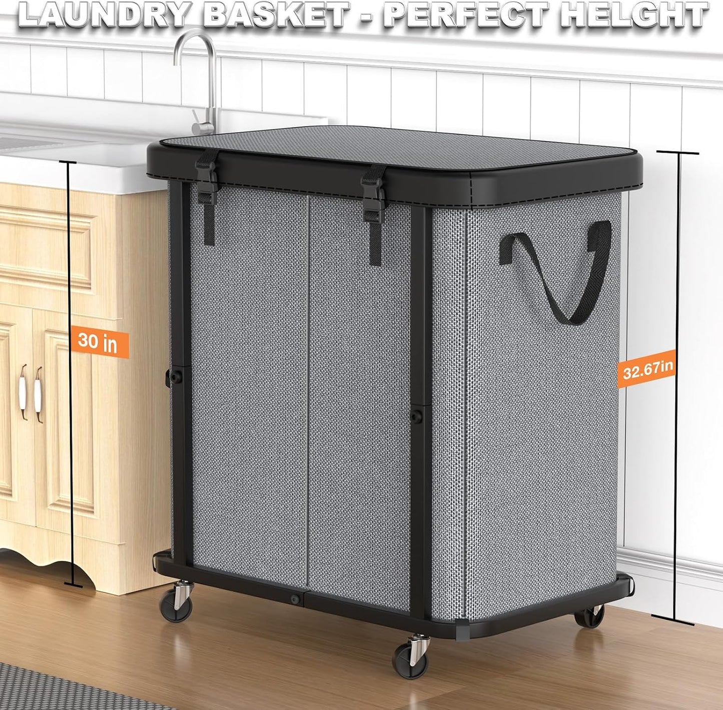 Laundry Hamper with Wheels,150L Leather Patchwork Clothes Hamper Black | Rolling Laundry Basket with Sturdy Metal Frame, Removable Washable Bag,Tall Clothes Sorter for Bedroom, Laundry Room, Dorm