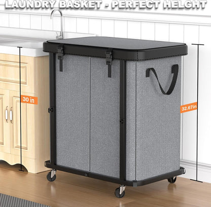 Laundry Hamper with Wheels,150L Leather Patchwork Clothes Hamper Black | Rolling Laundry Basket with Sturdy Metal Frame, Removable Washable Bag,Tall Clothes Sorter for Bedroom, Laundry Room, Dorm