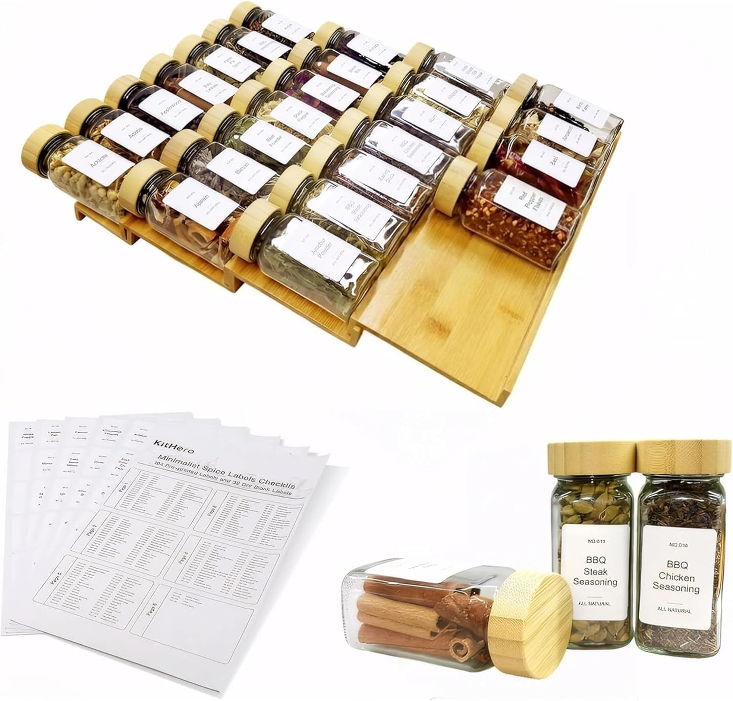Spice Drawer Organzier,4 Tiers Bamboo Spice Rack Tray Insert for Cabinet Drawer Countertop, Kitchen Seasoning Storage Drawer Organization,14.57" Wide x 15.8" Deep （Hold UP To 32 Jars