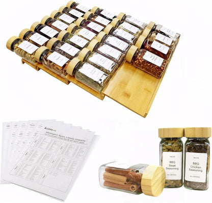Spice Drawer Organzier,4 Tiers Bamboo Spice Rack Tray Insert for Cabinet Drawer Countertop, Kitchen Seasoning Storage Drawer Organization,14.57" Wide x 15.8" Deep （Hold UP To 32 Jars