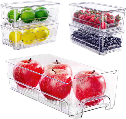 Imncya 4 Pack Fridge Organizer Drawers Bins, Clear Stackable Pull Out Refrigerator Drawer Organizer, Fridge Storage Container with Lids for Fruits, Vegetables, Drinks and Food