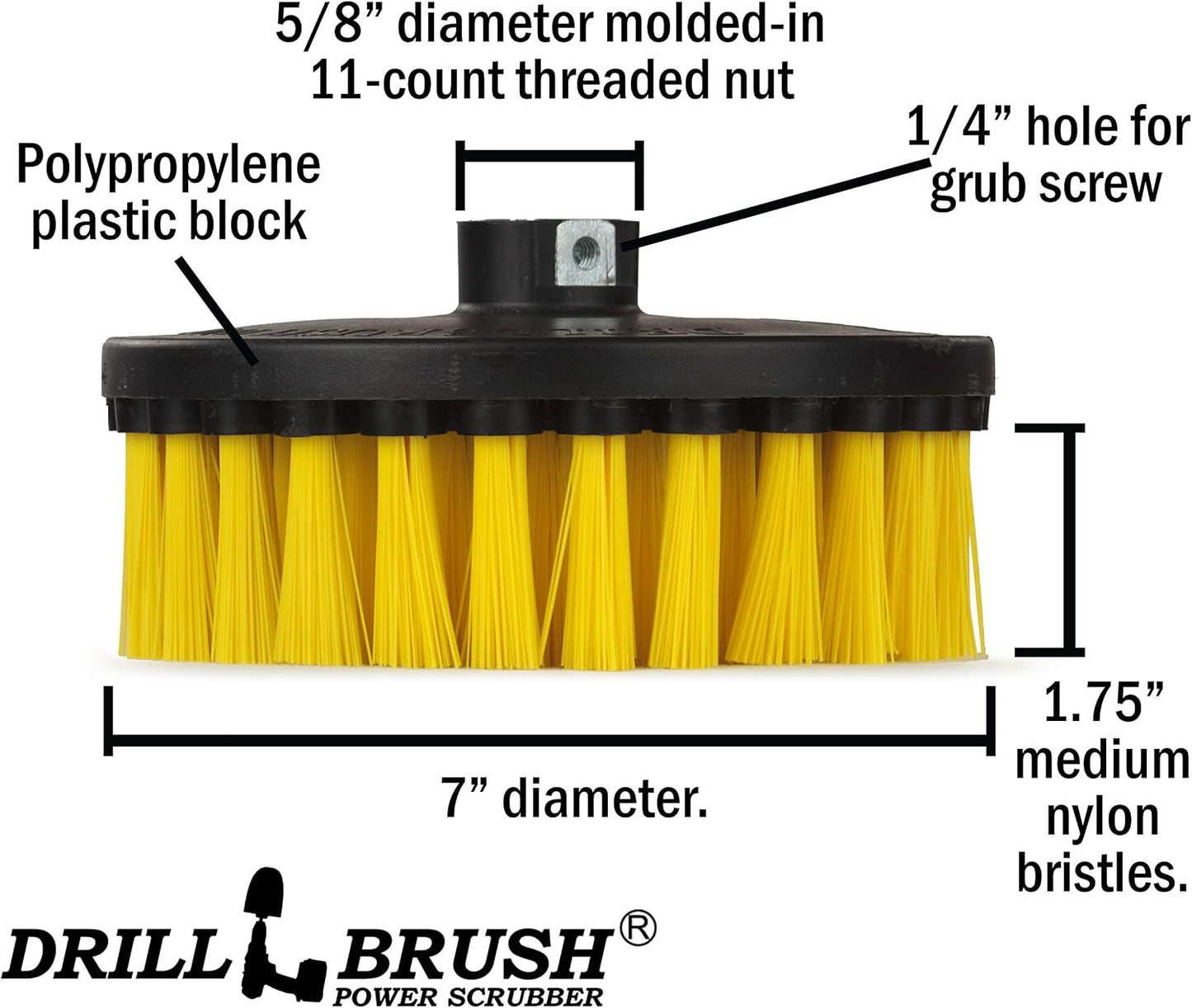 7in Boat Brush Variable Speed Polisher Attachment - Medium Yellow Bristles | Bathroom Accessories - Cleaning Supplies - Deck Scrub Brush - 5/8 x 11 Threaded Hub - Tile - Shower Cleaner - Flooring