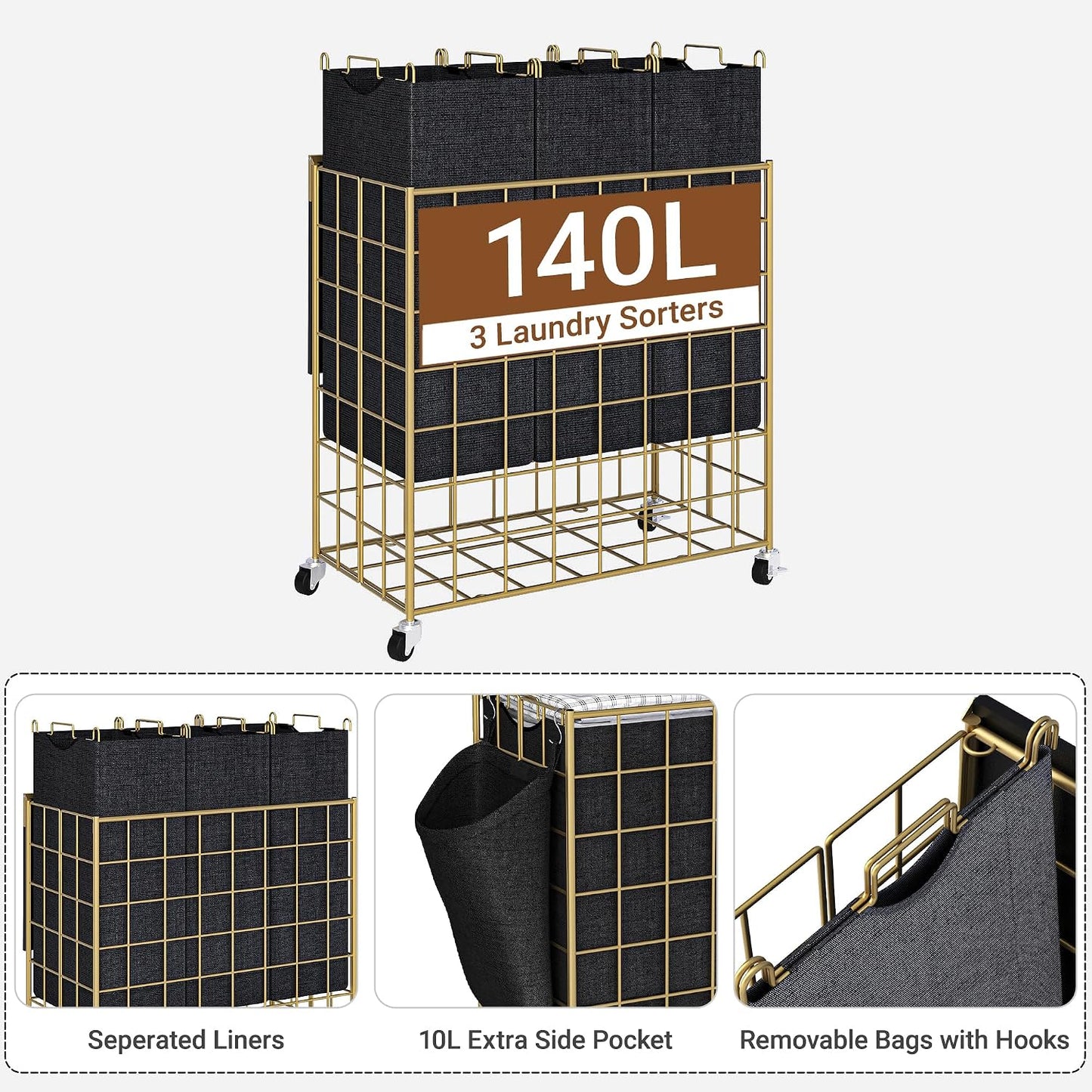 90L Laundry Basket with Wheels, Large Capacity Laundry Hamper with Removable Liner Bags, Heavy Duty Laundry Sorter with Solid Wood Lid & Leather Handles, Grey