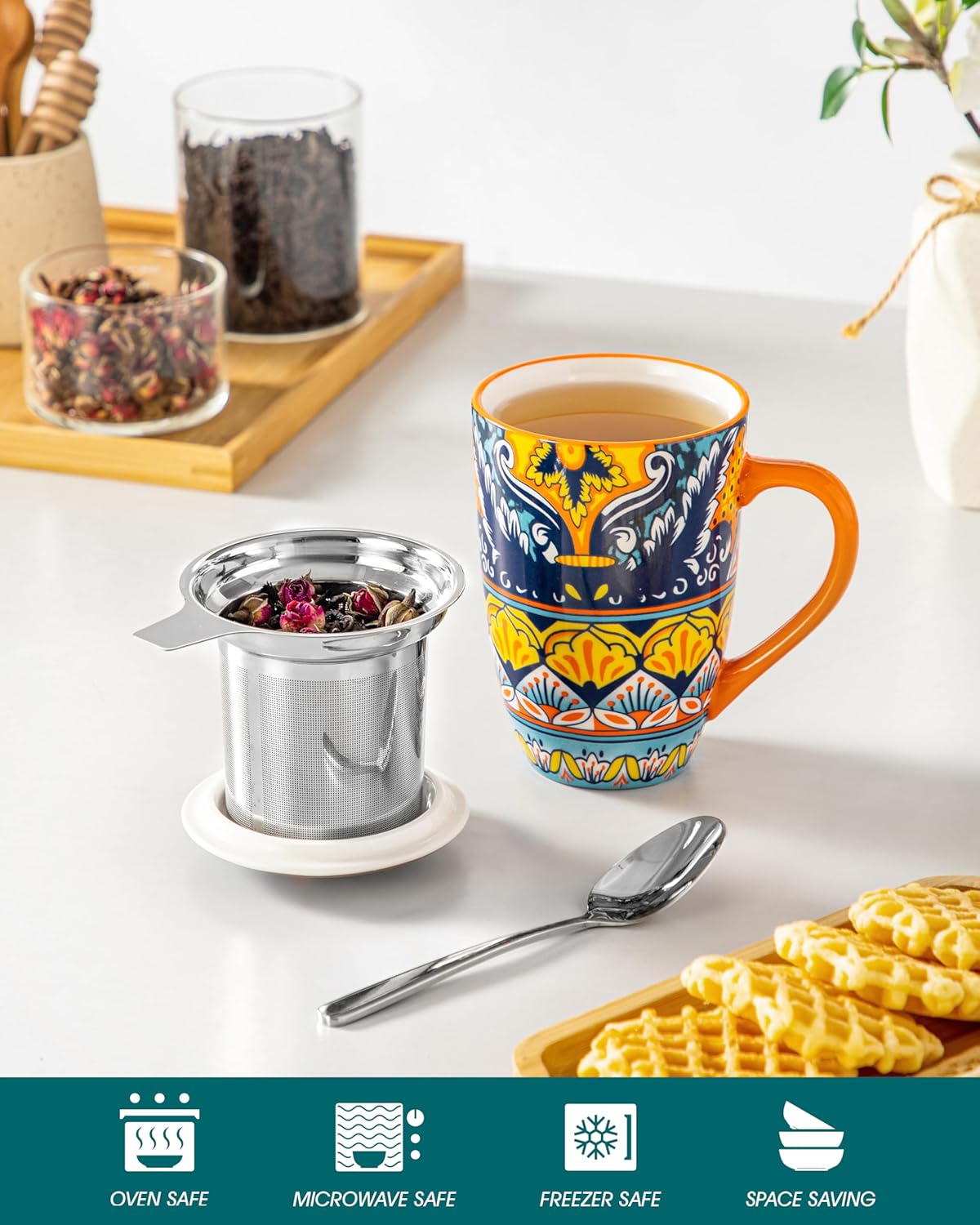 vancasso 18 Oz Tea Infuser Mug with Lid, Mint Petal Whirl | Eye catching Bohemian pattern, adds charm to any tea corner, ceramic mug with infuser, microwave and dishwasher safe