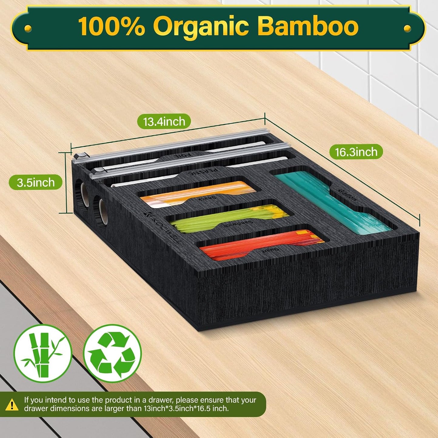 KOCWELL Bag Organizer and Plastic Wrap Dispenser with Cutter, 6 In 1 Bamboo Foil and Plastic Wrap Organizer for Kitchen Drawer, Food Storage Bag Organizer for Gallon,Quart,Sandwich,Snack(Yellow)