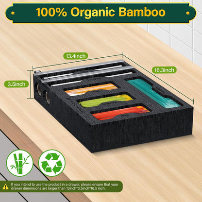 KOCWELL Bag Organizer and Plastic Wrap Dispenser with Cutter, 6 In 1 Bamboo Foil and Plastic Wrap Organizer for Kitchen Drawer, Food Storage Bag Organizer for Gallon,Quart,Sandwich,Snack(Yellow)