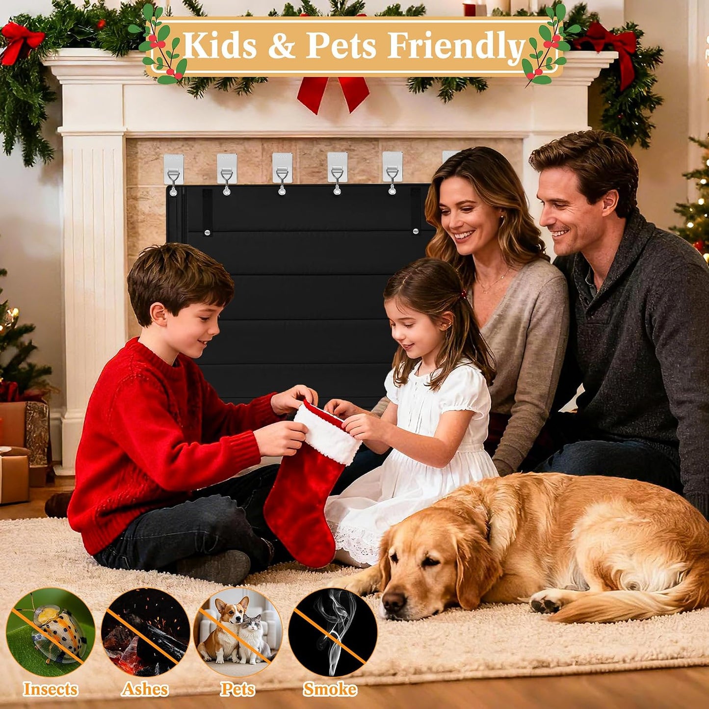 Fireplace Cover, Indoor Fireplace Blanket with Hook & Loop Tapes, Fireplace Draft Cover Stops Heat Loss, Fire Place Draft Stopper Cold Air Blocker Save Energy 39"x32" Black