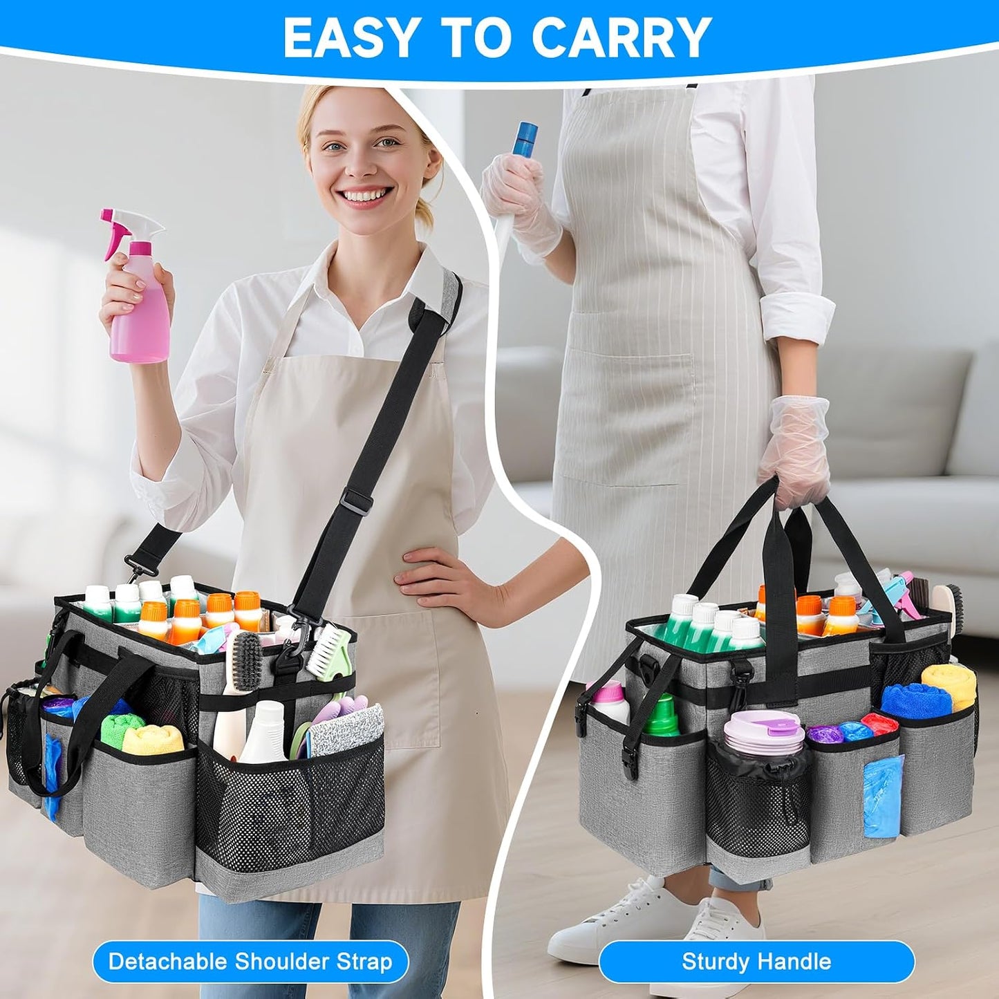 Cleaning Caddy Bag, Extra Large Cleaning Supply Bag for Housekeepers,Black | Sturdy Cleaning Caddy Organizer for Cleaning Supplies with Handle and Adjustable Shouder Strap, Easy to Clean Design