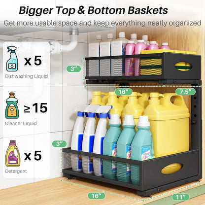 Under Sink Organizer, 2-Pack Pull Out Cabinet Organizer 2 Tier Metal Slide Out Storage Shelf Rack, L-Shaped Adjustable Height,Mesh Sliding Drawer for Kitchen, Bathroom, Laundry, Pantry, White, XL