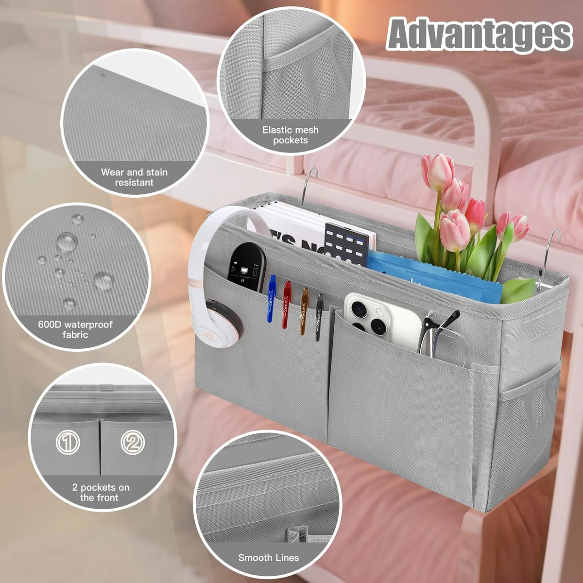 Bedside Caddy Organizer with Fixed Straps, Bunk Bed Caddy ideal for Home, Bunk Bed, Dorm, Hospital, Crib, Versatile Bedside Storage Solution (Beige)