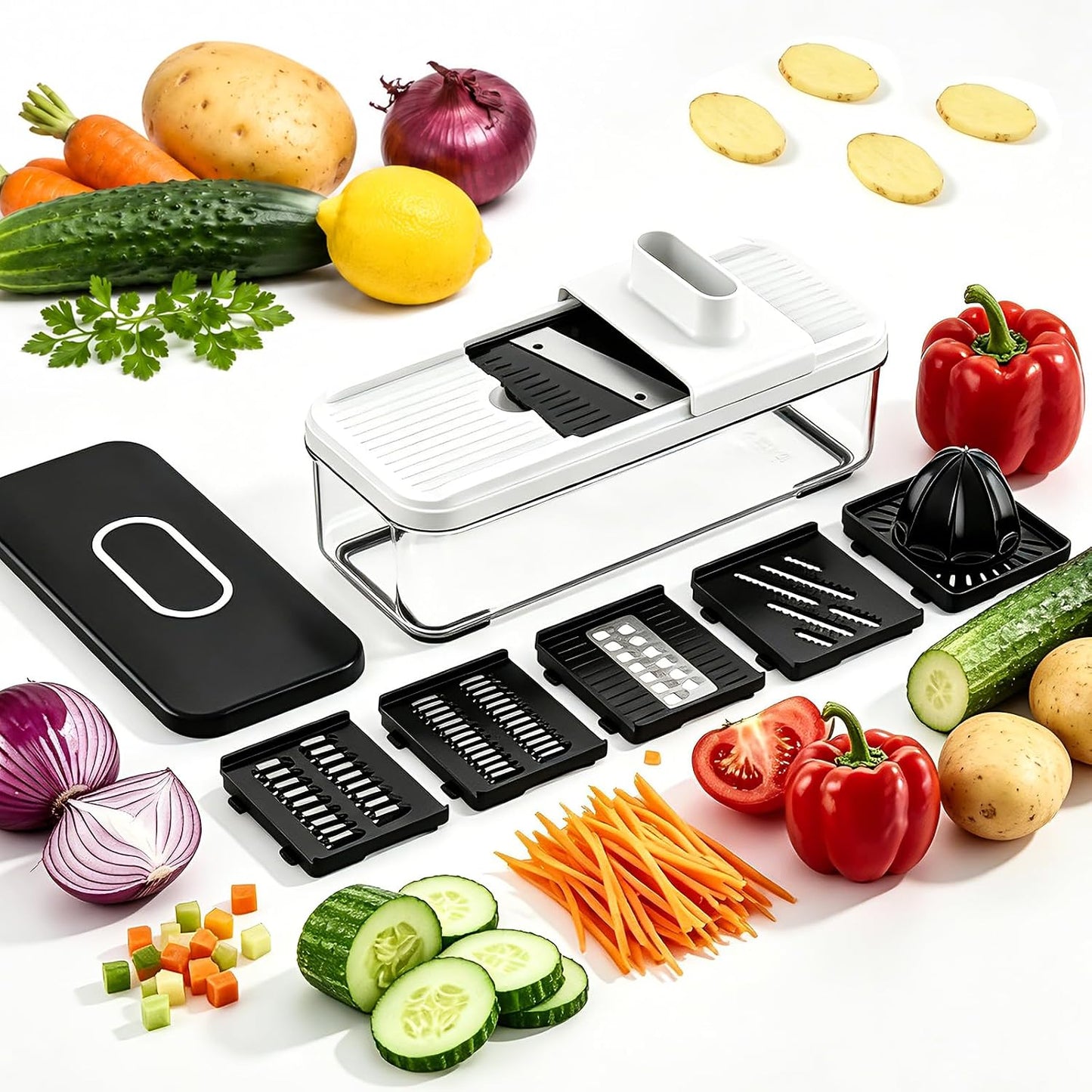 7-in-1 Mandoline Vegetable Slicer, Multi-Purpose Food Chopper & Grater with 5 Interchangeable Blades, Adjustable Julienne Cutter with Container & Safety Guard, Kitchen Gadget for Meal Prep
