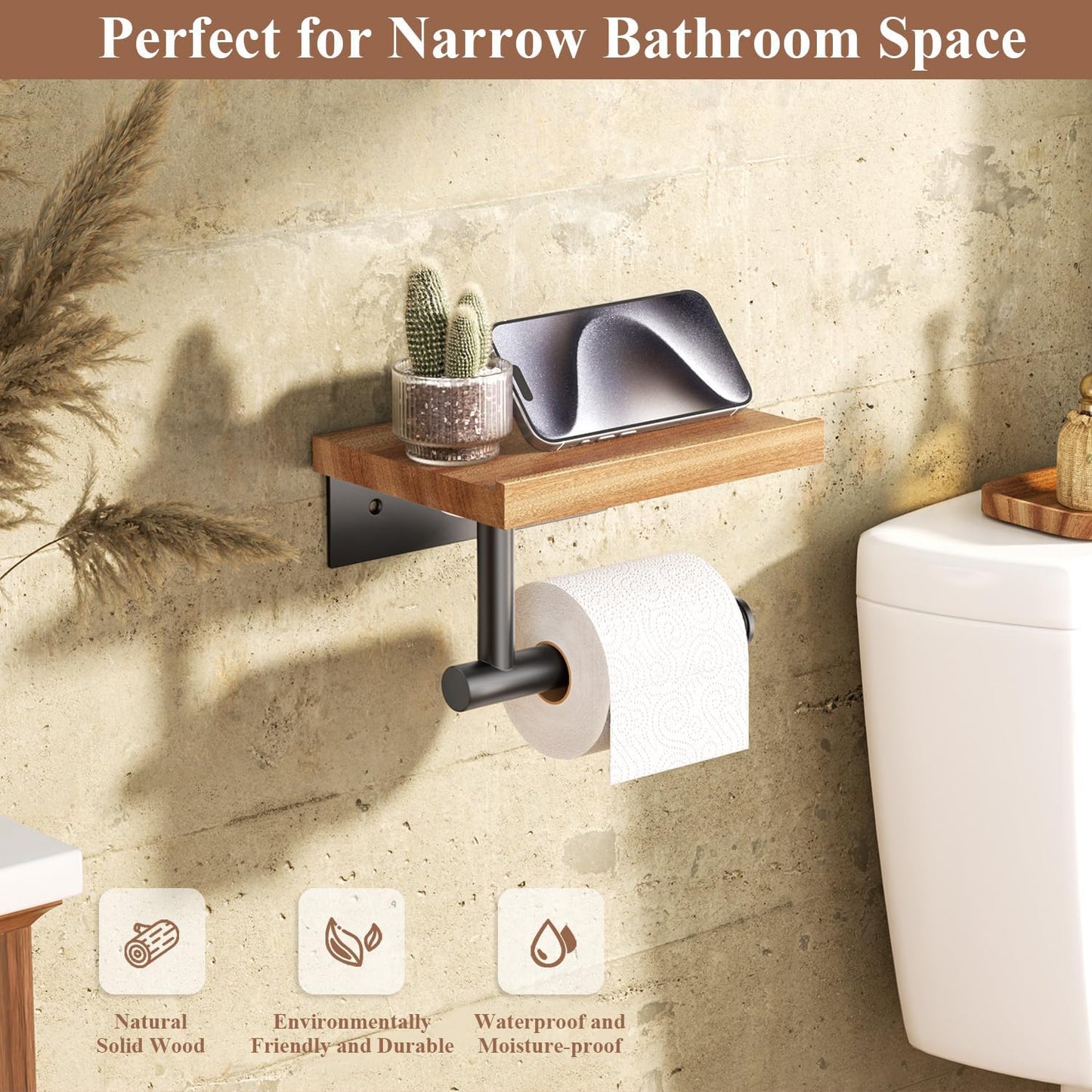 Tindbea Toilet Paper Holder with Wood Shelf, Wooden Wall Mount Tissue Paper Roll Holder, Matte Black Stainless Steel Bathroom Accessories Decor Household Home Apartment Restroom Essentials (Walnut)