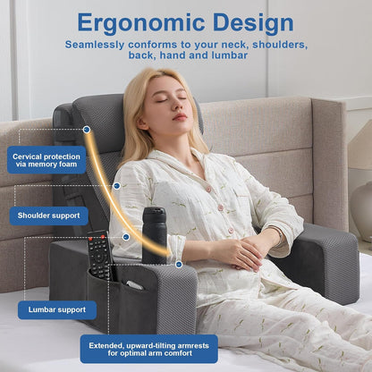 Reading Pillow for Sitting in Bed Adult, Back Pillow for Bed Sitting up with Arms, Pockets and Cup holder, Sit Up Backrest Pillows for Beds Chair Support, Rest Pillow for Gaming (Light gray)