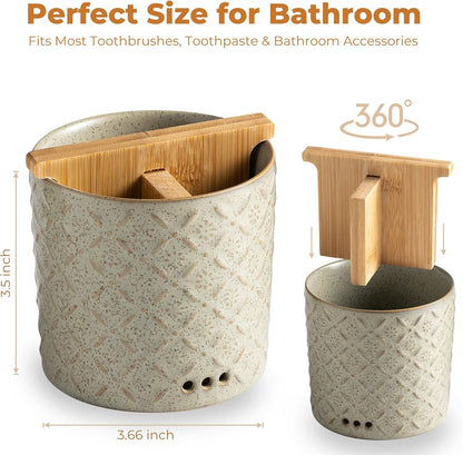 Zoeeker Toothbrush Holder with Drainage, Ceramic Toothbrush Holders Set | Electric Toothbrush & Toothpaste Holder for Bathrooms Self-draining Tooth Brush Cup Countertop Organizers for Family, Yellow