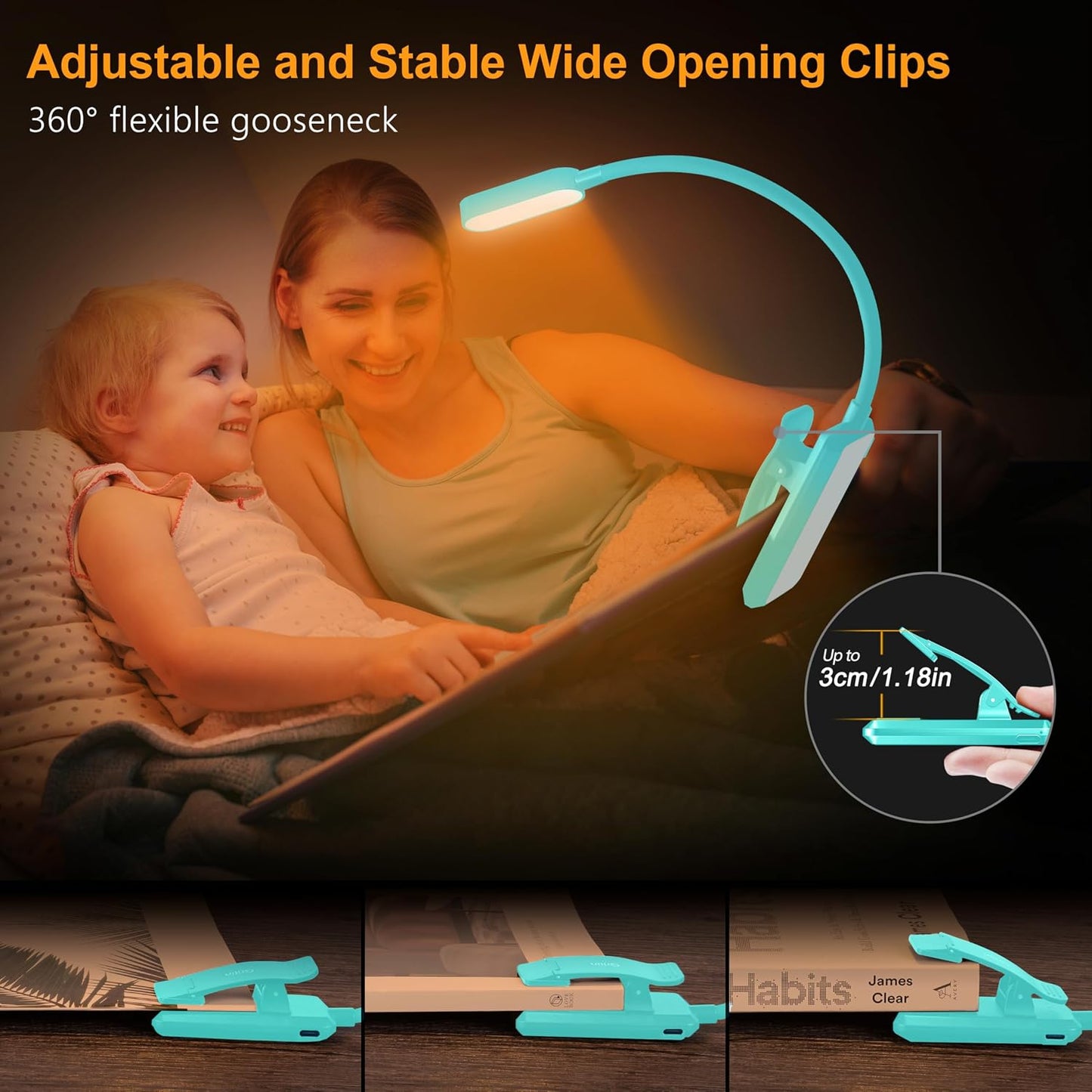 Gritin 16 LED Rechargeable Book Light for Reading in Bed | Eye Caring 3 Color Temperatures,Stepless Dimming Brightness,80 Hrs Runtime,Lightweight Flexible Clip on Light for Book Lovers