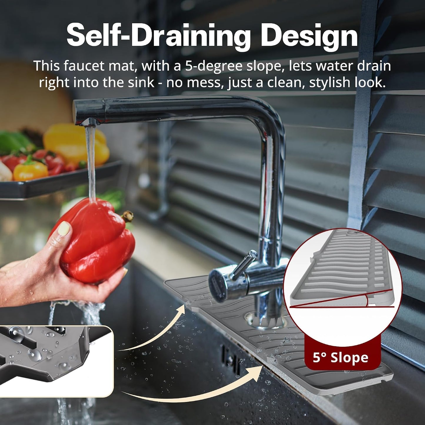 ODRAGO Silicone Kitchen Sink Splash Guard - 24.01 Inch Faucet Mat for Kitchen Sink Water - Longer Faucet Handle Drip Catcher Tray-Sink Guard for Kitchen Sink (Grey)