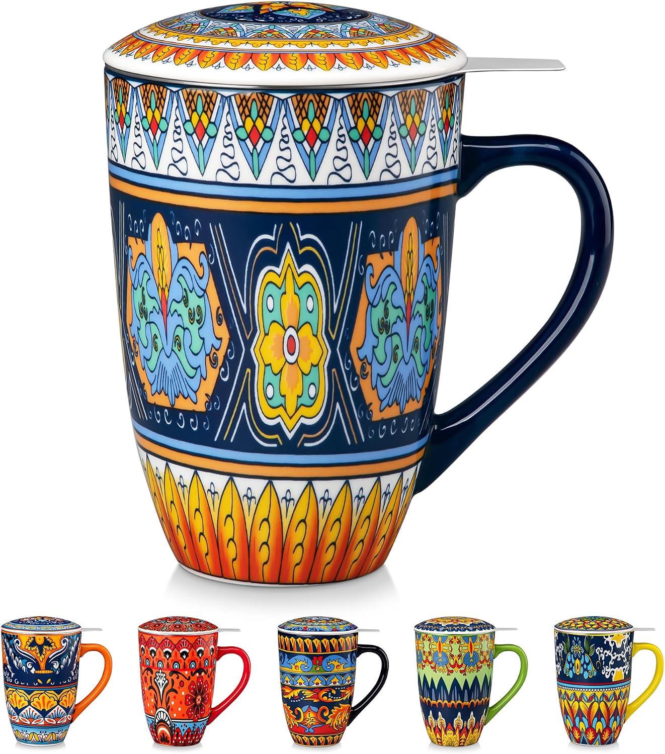vancasso 18 Oz Tea Infuser Mug with Lid, Mint Petal Whirl | Eye catching Bohemian pattern, adds charm to any tea corner, ceramic mug with infuser, microwave and dishwasher safe
