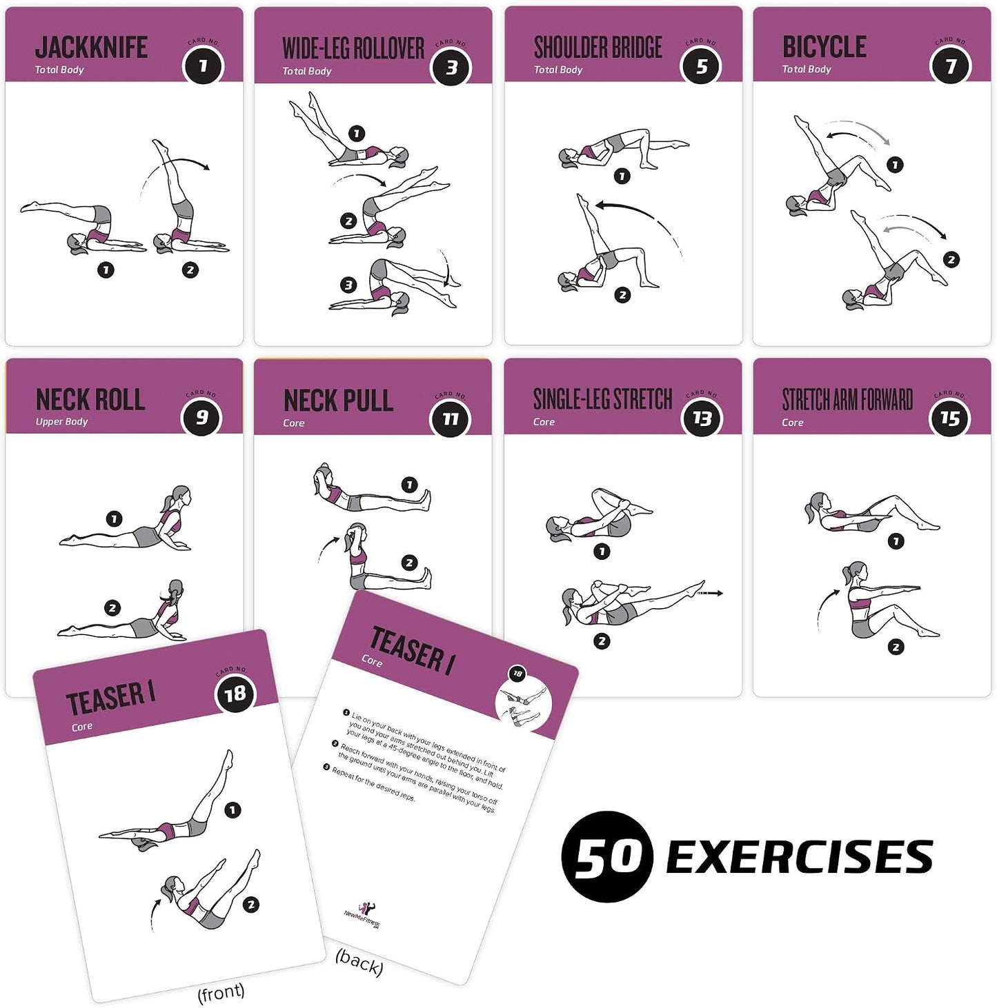 NewMe Fitness Pilates Workout Cards, Instructional Fitness Deck for Women & Men, Beginner Fitness Guide to Training Exercises at Home or Gym