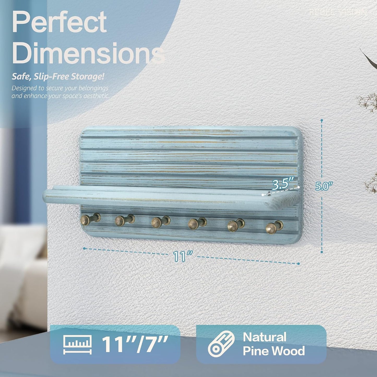 Rebee Vision Pine Wood Key Holder Wall Mount with Shelf for Entryway, Brown | 6 Key Hooks, Round Corner, Smooth&Hand-Friendly, Clear Wood Texture, Space-Saving Design, Organize Mail & Letter